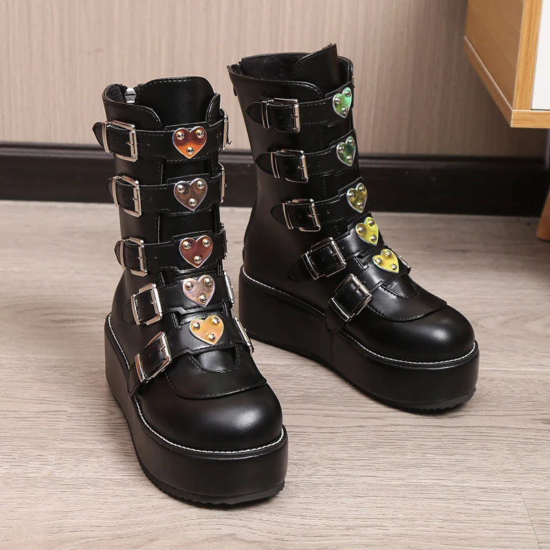 

Black Women Platform High Heel Wedges Thick Heel Metal Buckle Mid Calf Boots Zipper Brand Punk Goth Round Toe women's Boots