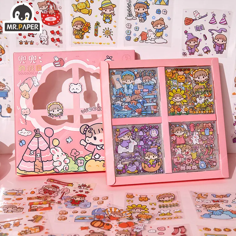 Mr. Paper 100pcs/Set Cute Cartoon Girl Stickers Kawaii Creativity Stationery Art Supplies Waterproof PET Material Sticker Set