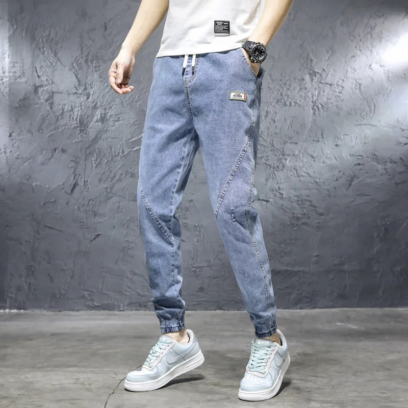 

Trendy Spring Fashion Brand Jeans Men's Cropped Loose Elastic Harem Pants Versatile Casual Men's Ankle-Tied Pants