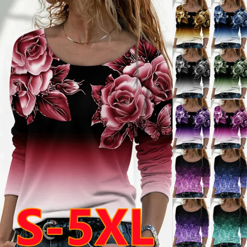 

2022 New Spring Autumn Women's Fashion Loose Casual Floral print long sleeve Floral print Round neck Autumn tshirt tops blouses
