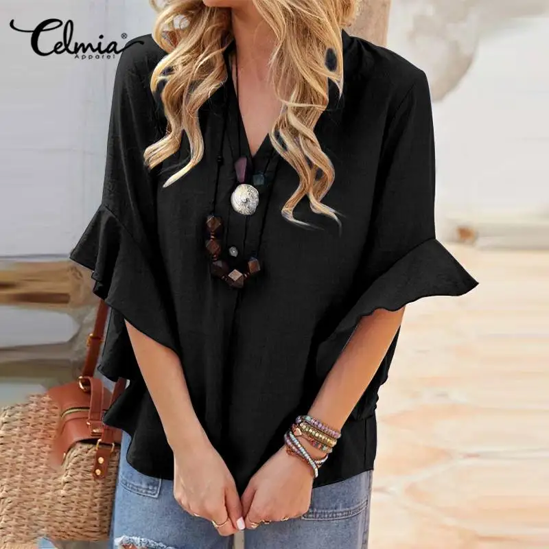 

Блузка Celmia женская с V-образным вырезом, винтажная Повседневная свободная туника с асимметричным подолом, с расклешенным рукавом, 2022