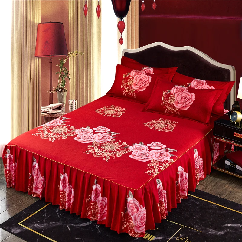 

Non-slip Printed Bed Skirt 3pcs Ruffle Bed Mattress Cover Sheet Home Bedding Set Linens Bedspread With Pillowcase jogo de cama