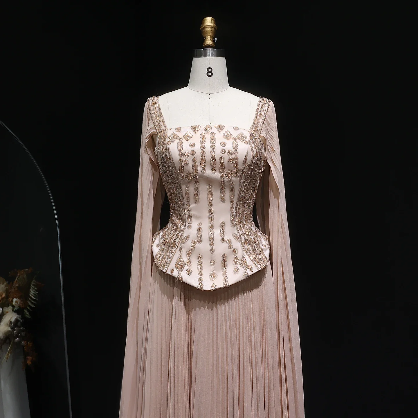 Фото Вечерние платья POD Champagne Luxury Pleats винно-красного цвета для свадебных торжеств с рукавами-накидками, официальные наряды, праздничные платья, индивидуальный пошив №5