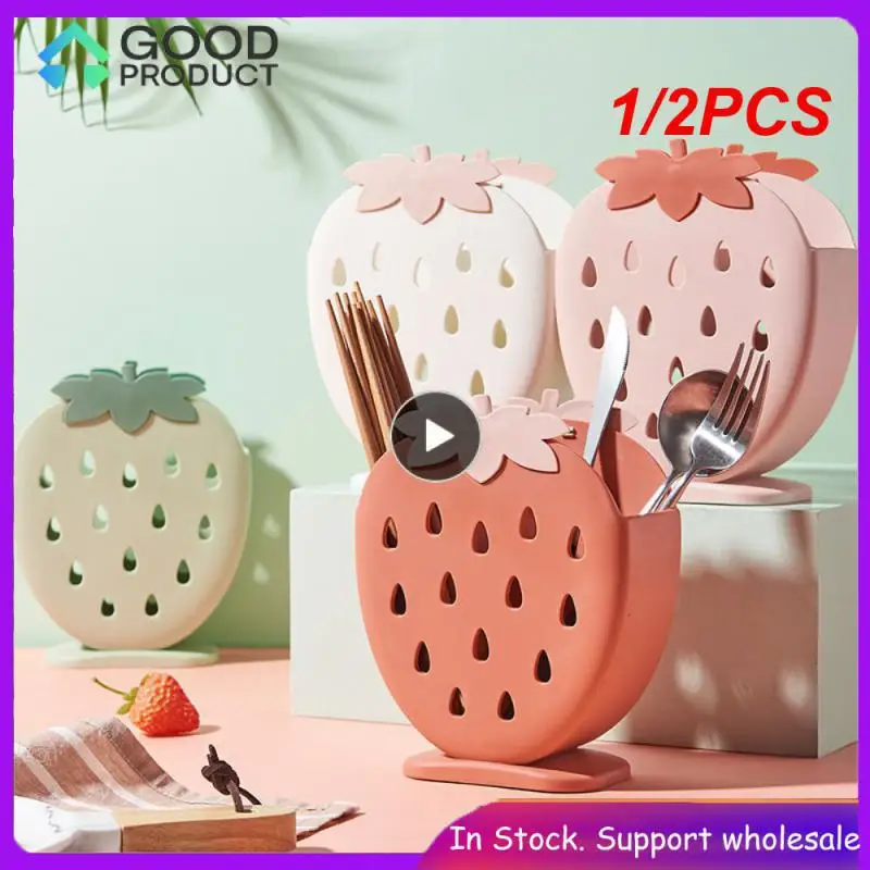 

1/2PCS Cute Strawberry Chopstick Holder Drainer Kitchen Dinnerware Storage Holder Empty Cutlery Drainer Spoon Fork Knife Shelf