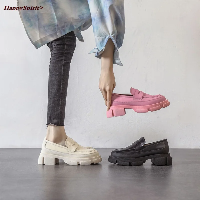 

Retro Fashion Loafers Shoes For Women Spring New Designed British Style Cowhide Solid Color Platform Thicken Heel Shoes