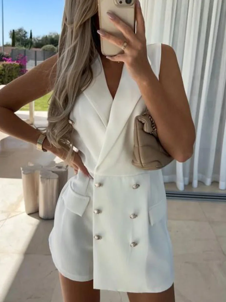 

Fashion Street Office Lady Suit Playsuit Overalls Women Elegant Double Breasted Shorts Jumpsuit Summer Sleeveless Blazer Romper