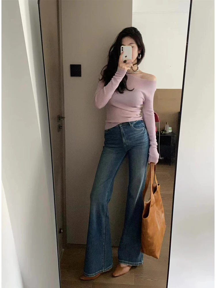 Plus Size Elegant Gentle Sle Sloping Shoulder Long sleeve Knit Women Autumn Casual Fashion Simple Chic Slim fit Slimming Vers...