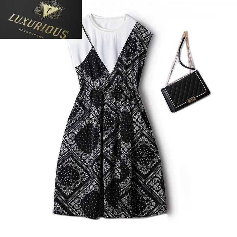 

Elegant Dresses For Women 2024 Fake Two-piece Elastic Waist Slim Fit Color-block Floral Over-the-knee Chiffon Summer Dress Woman