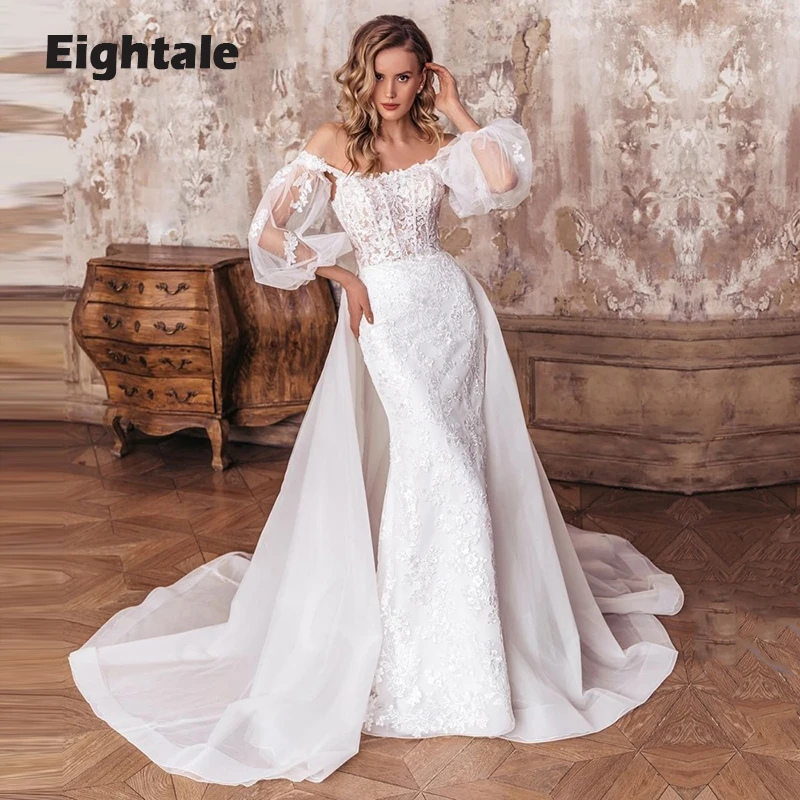 

Eightale Mermaid Wedding Dresses with Detachable Skirt Off the Shoulder Long Puffy Sleeves Lace Bridal Gown vestidos de novia