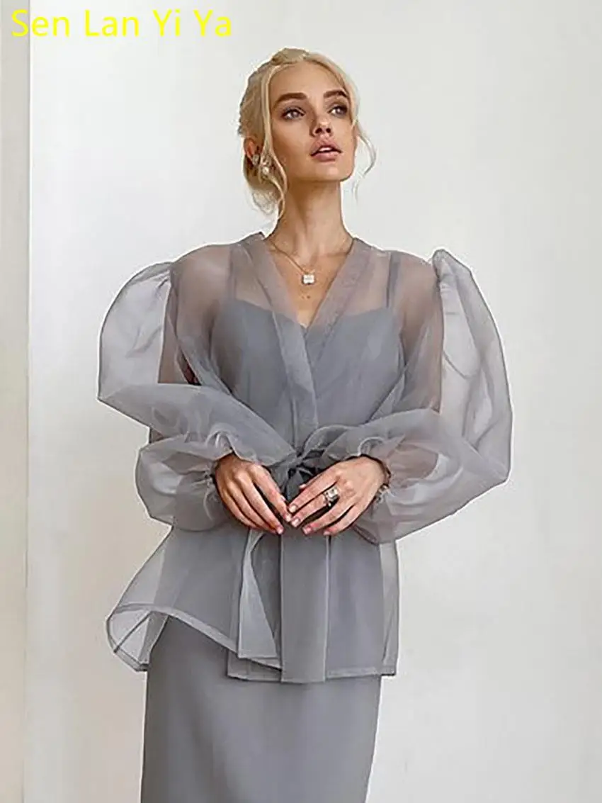 

Sen Lan Yi Ya 2023 Sexy Perspective Long Sleeve Thin Tops Women Summer Loose Gray Lace-Up V-Neck Elegant And Youth Woman Blouses