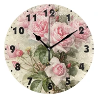vintage shabby chic pink rose floral round clock non ticking silent wall clock battery operated quiet desk clock art home decor