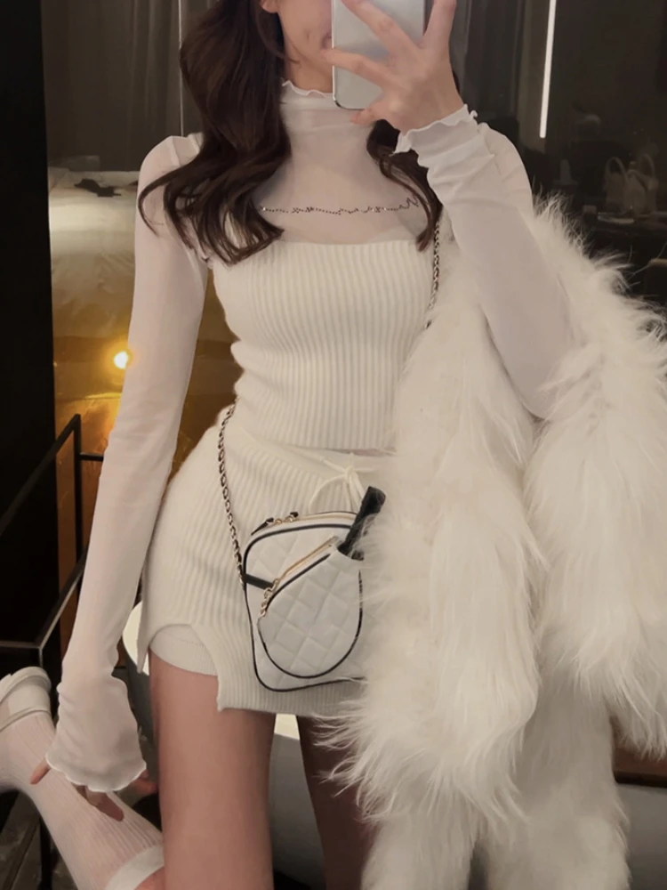 

Autumn Knitted Suit Sexy Vest+ Elegant Mini Skirt Women Pure Color Korean Crop Tops Office Lady Y2k Clothes 3 Piece Dress Set