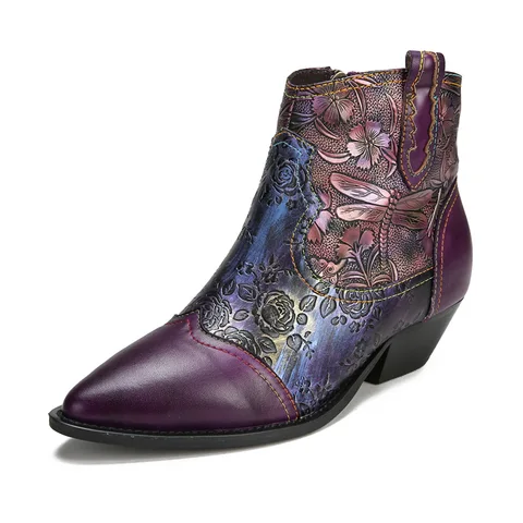 Женские ботинки из натуральной кожи Johnature, с градиентом и боковой молнией, короткие ботинки с острым носком, обувь на среднем каблуке
