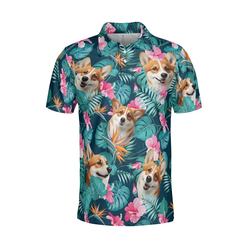 Футболка-поло мужская с 3D-принтом корги милая гавайская рубашка короткими