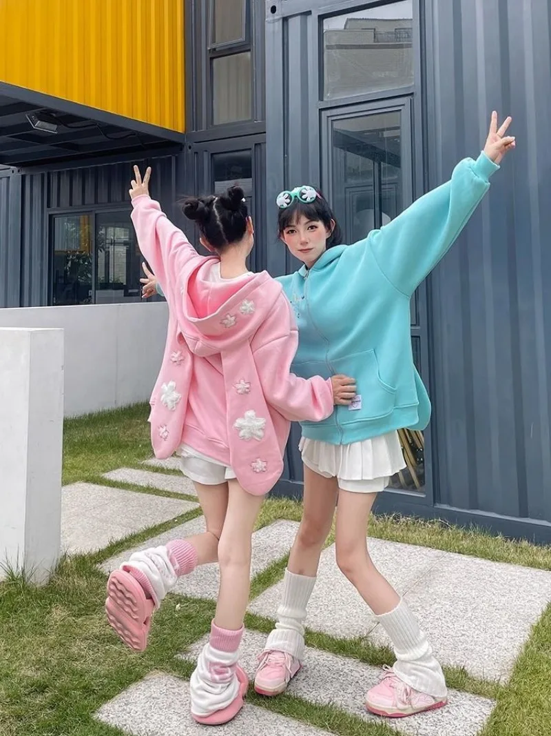 Японская милая студенческая толстовка с кроличьими ушками кардиганы на молнии