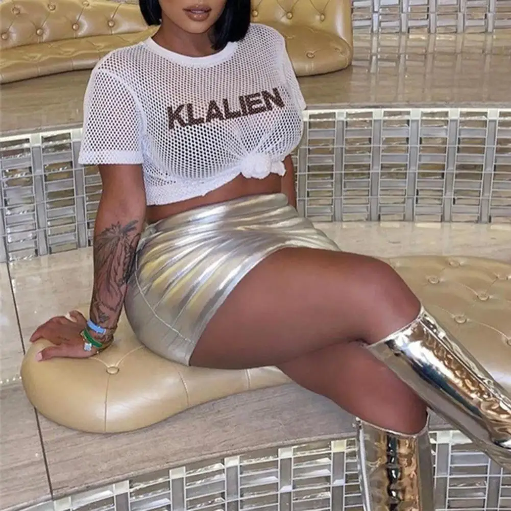 

Letter Print Mesh Women Blouse Summer T-shirt Loose Hollow Out Sexy See-through Night Club Party Tees Short Sleeve Mesh Blouses