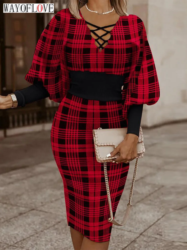 

WAYOFLOVE Autumn Winter Ladies Red Plaid Mid Dress Women Sexy Hollow Beam Waist Long Sleeve Vestidos Party Elegant Women's Dress