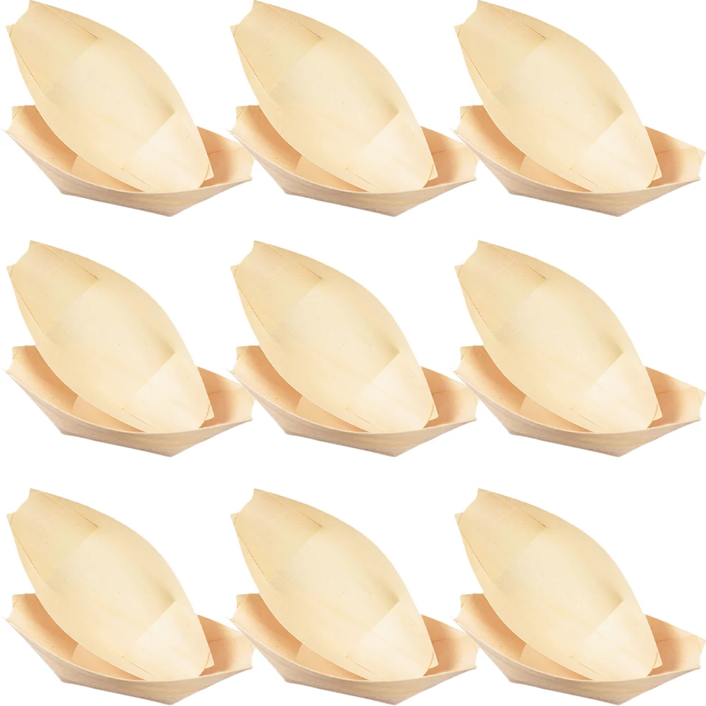 

60 Pcs Sushi Wooden Boat Food Tray Catering Supplies Mini Hot Dog Trays Plates Serving Bowl