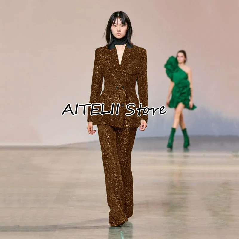 Women's Suits 2 Piece Set Sexy Sequins Retro Spike Collar Slim Fit Double Breasted Floor Length Trousers For Casual Party Jacket