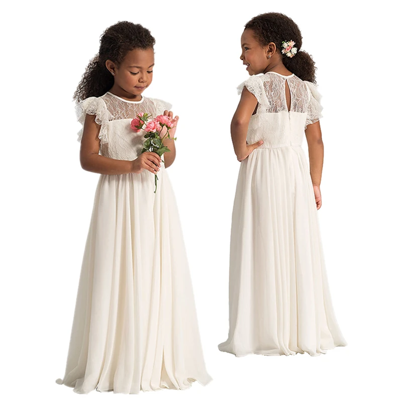 

White Lace Long Dress for Girls Communion Birthday Princess Party Evening Gown Solid Children Clothing Girls Bridesmaid Dress
