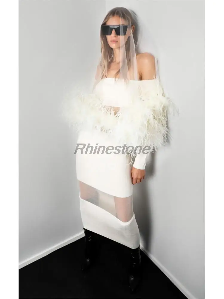 Осенне-зимнее модное Привлекательное платье с рукавами перьями Прозрачное одной