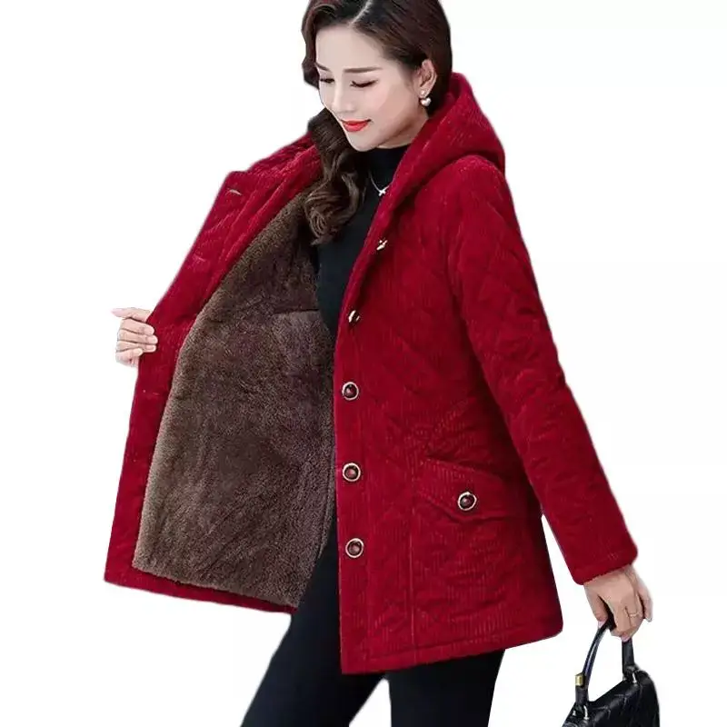 New Women Jacket Winter Fleece Thicke Corduroy Outerwear Parker Female Hooded Cotton Padded Coat Clothes 5XL Women Basic Coats