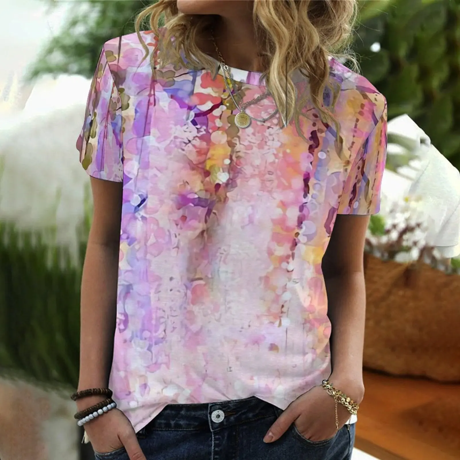 

2022new summer oil painting flowers and plants printing round neck short-sleeved T-shirt top women's plus size women's clothing