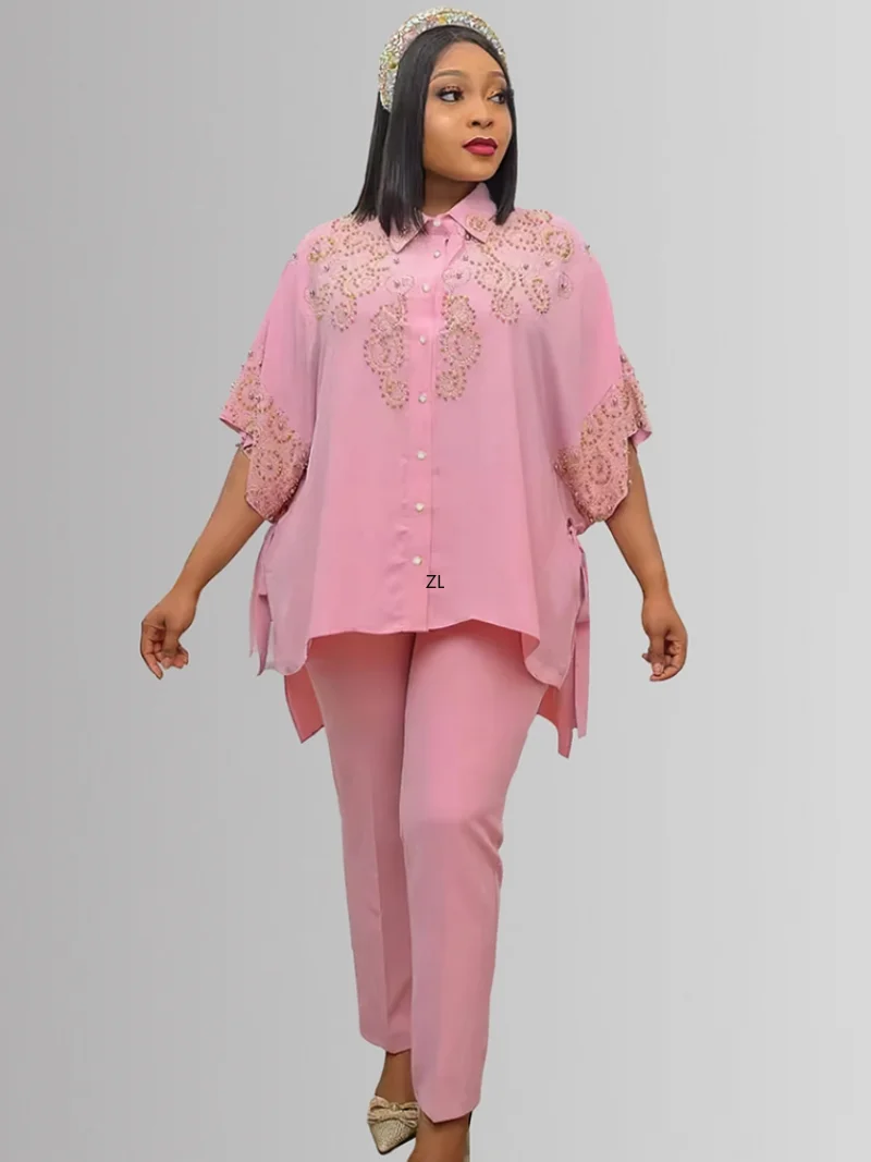 2 Two Piece Set Diamonds Three Quarters Sleeve Blouse Tops And Pant Suits Summer Autumn Women Set Sheath Matching Fashion Outfit