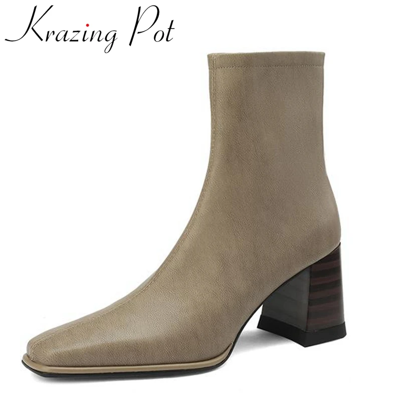 

Krazing Pot Cow Split Leather Square Toe Thick High Heels Chelsea Boots Office Lady Basic Dress Gentlewomen Zipper Ankle Boots