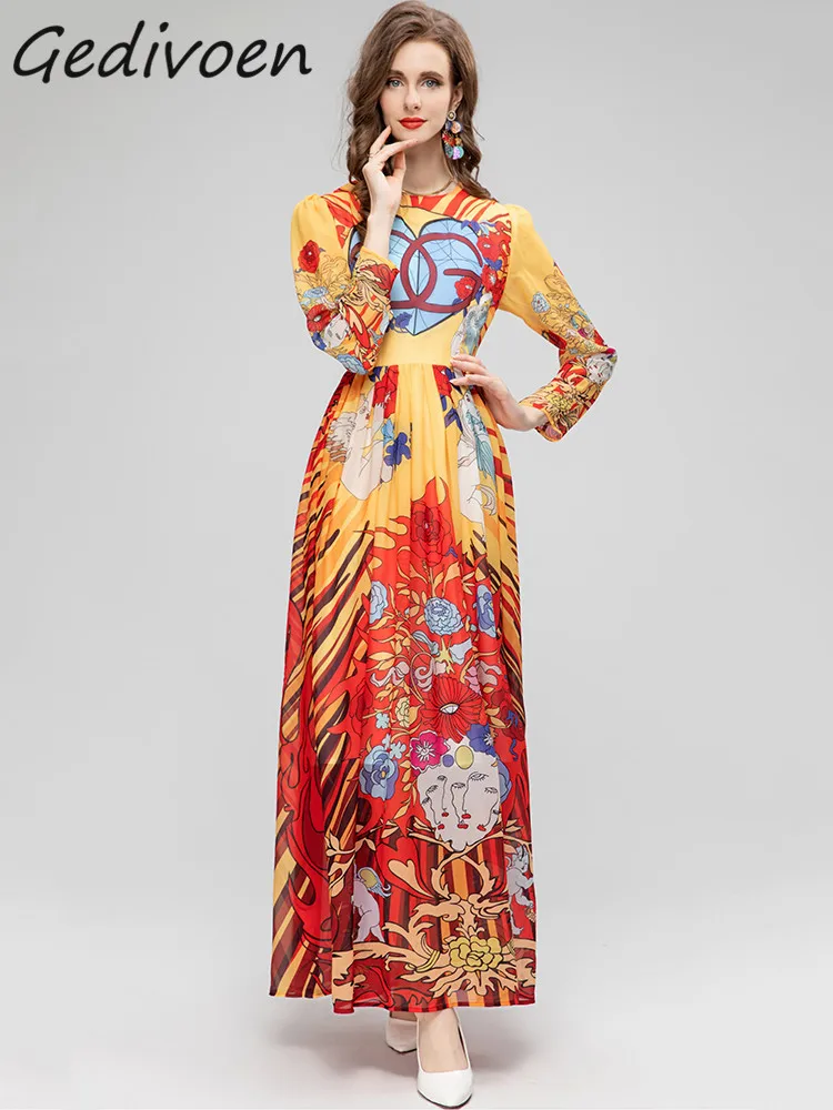 

Женское платье с длинным рукавом Gedivoen, летнее модельное винтажное платье с принтом и круглым вырезом, праздничное облегающее длинное платье с завышенной талией