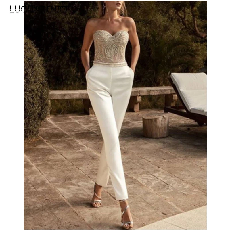 

Women Jumpsuit Spring Summer Chest Wrapped Sexy Slim New Sleeveless Embroidered Sequin Lady Straight Long Jumpsuits Lugentolo