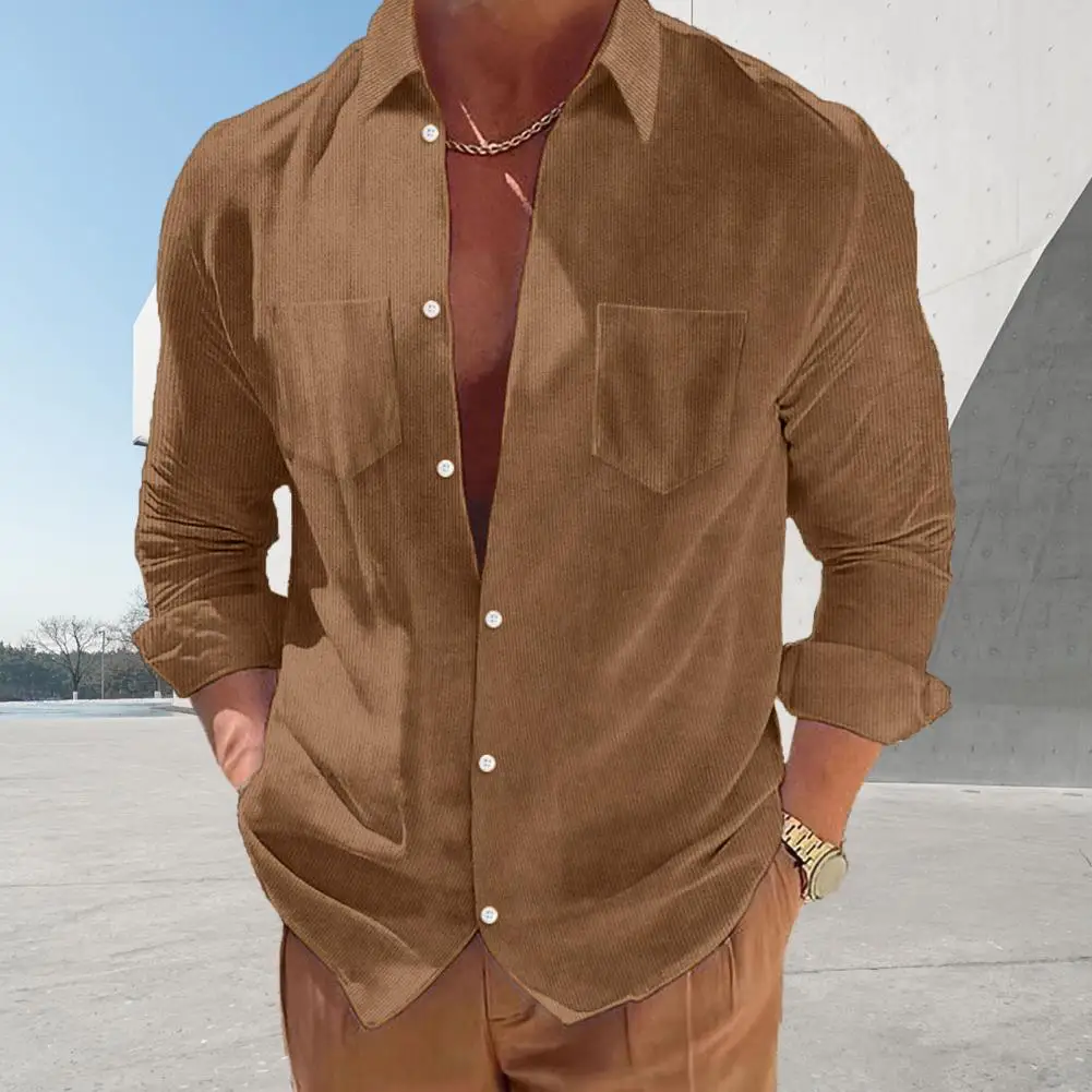 Vintage Striped Corduroy Shirt Stylish Men's Corduroy Shirt Lapel Long Sleeve Slim Fit Business Casual with Patch Pockets Autumn