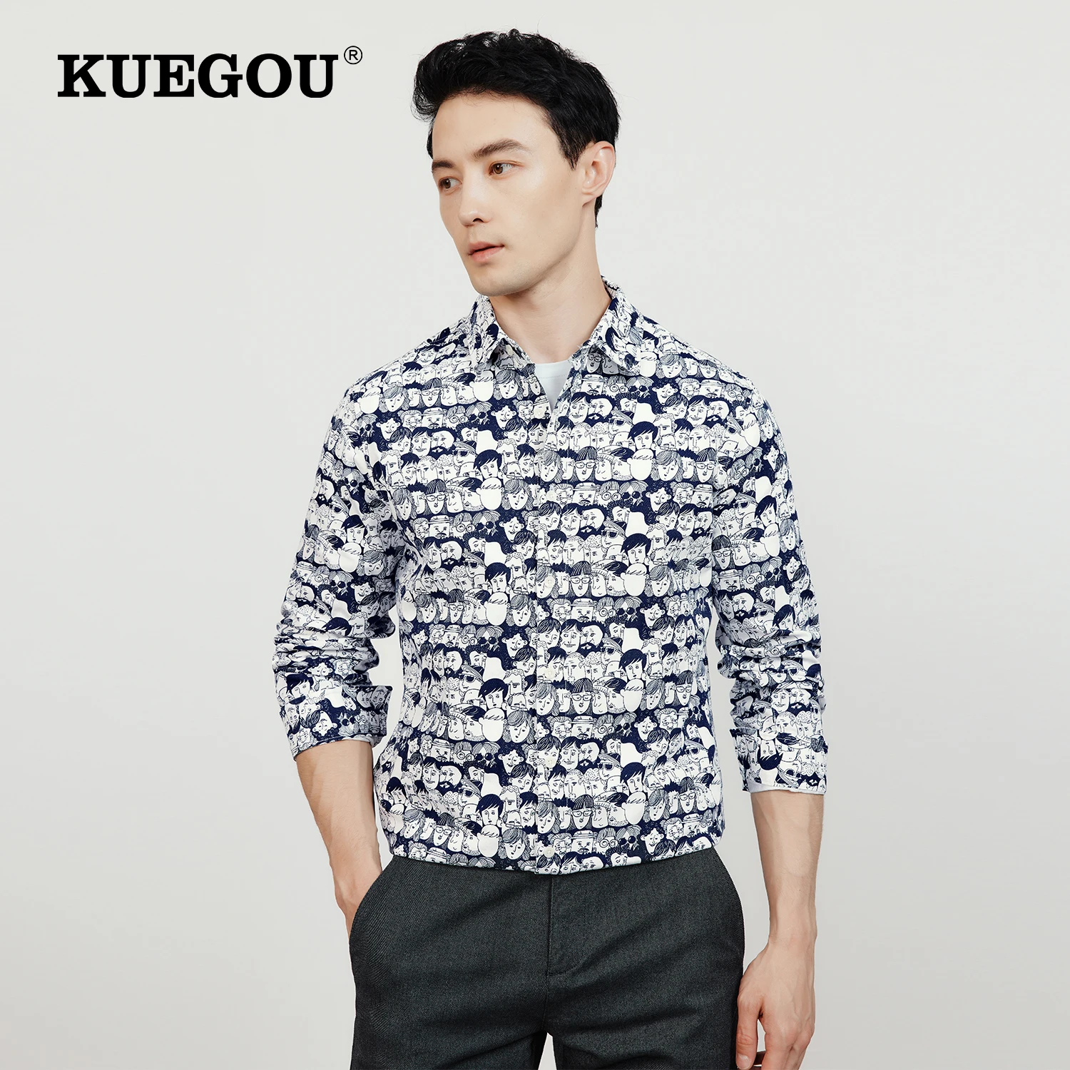 

KUEGOU 2022 Autumn New Male 100% Cotton Shirts Long Sleeve Fashion Print Fun Blue Caeual Shirt High Quality Top Plus Size 20556