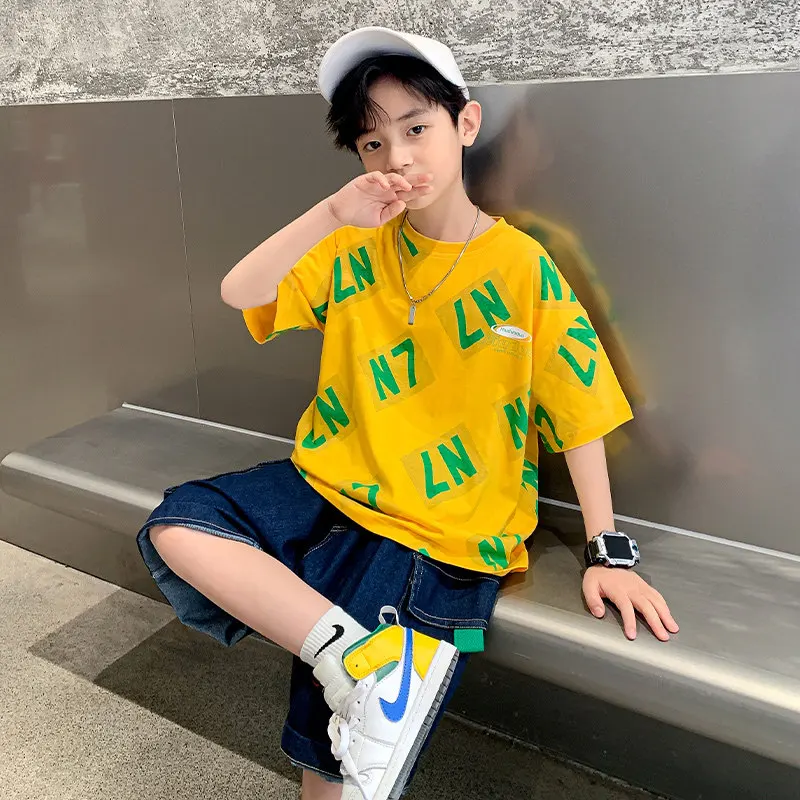 Teen Boys New Letter Clothing Sets Summer Cotton Casual 3 Color T-Shirts And Denim Shorts Cool Two-Pieces Children Outfits Suit