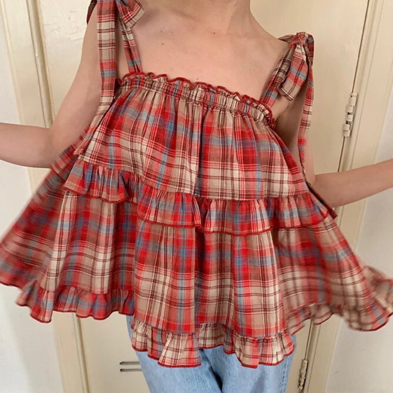 

2023 Summer New Cute Tops Women Vintage Plaid Korean Fashion Loose Lace-up Sling Casual Edible Tree Fungus Y2k Tank Top