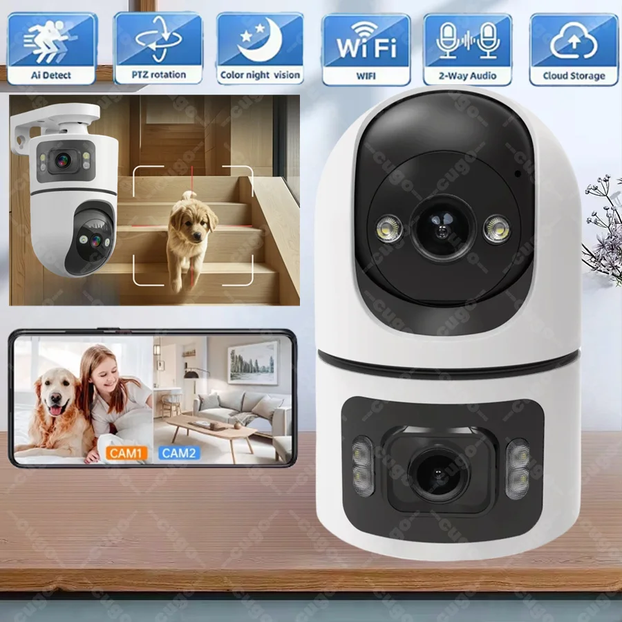 Фото Умная Wi-Fi камера для помещений 8 МП с двумя экранами и двумя объективами, цветное ночное видение, обнаружение движения, радионяня, двусторонняя аудиосвязь, камера видеонаблюдения за домашними животными №1
