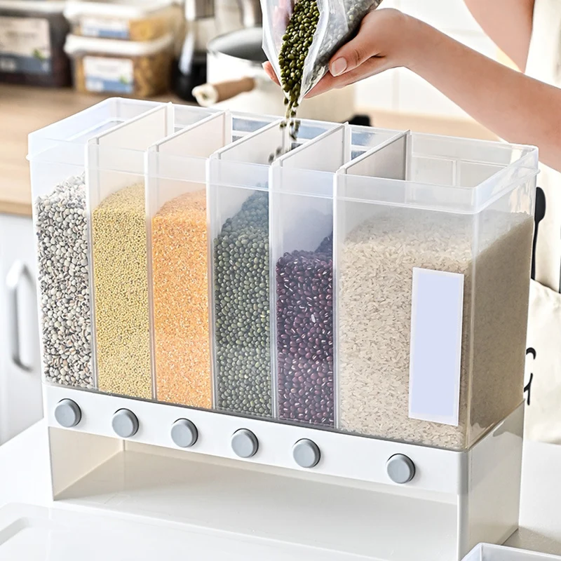 Newly Wall-Mounted Rice Dispenser 6-Grid Grain Storage Box Large Capacity Rice Bucket Practical Kitchen Accessories Storage Box