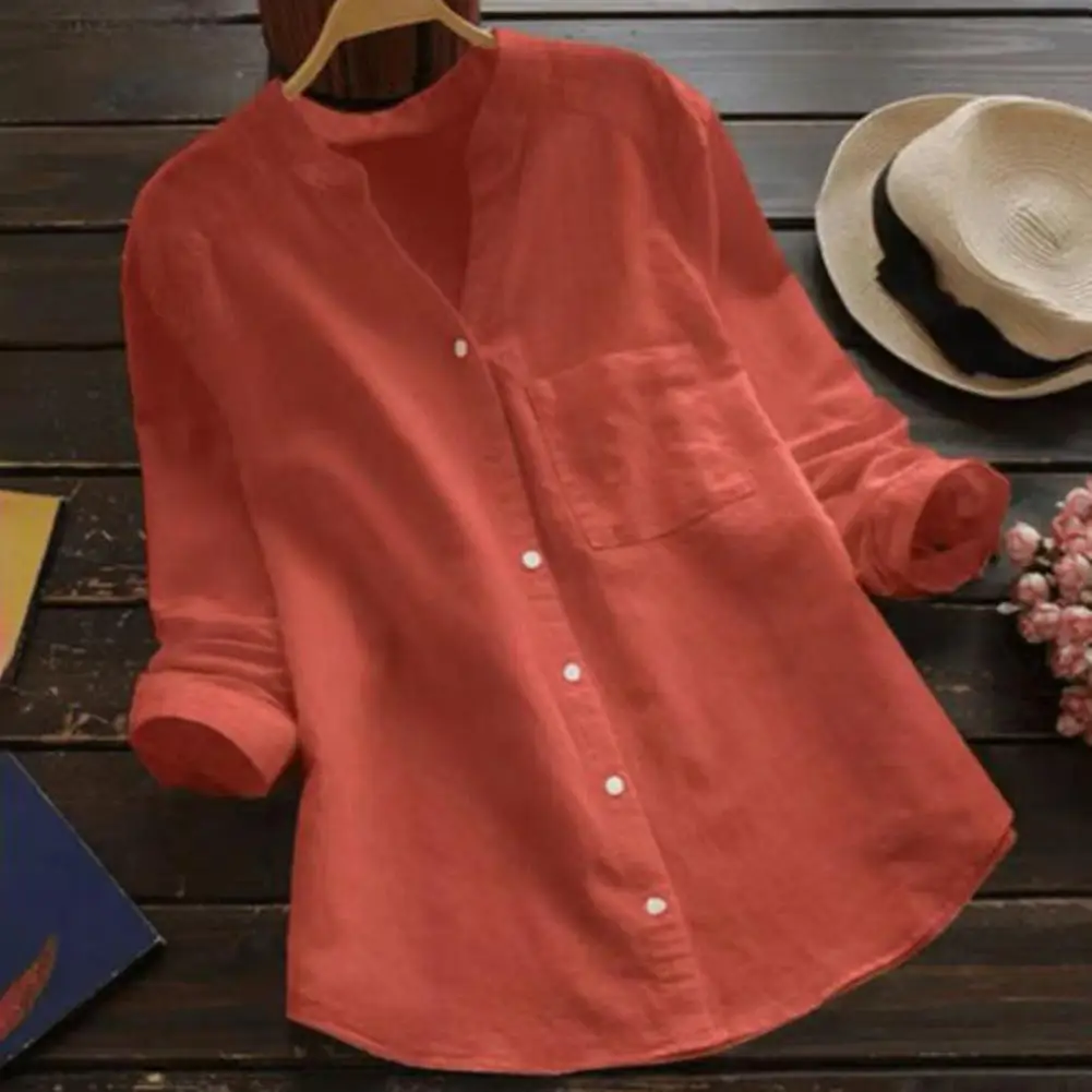 

Women Shirt Solid Color V Neck Summer Shirt Button Closure Long Sleeve Dress-up Shirt Top Casual Sweat Absorption Lady Blouse