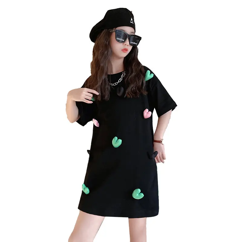 

teen Girls Long T-Shirt 2022 Summer Black Tops Casual Loose Cotton Teenage Children Clothes 8 12 14 Kids girl Tee Dress clothing