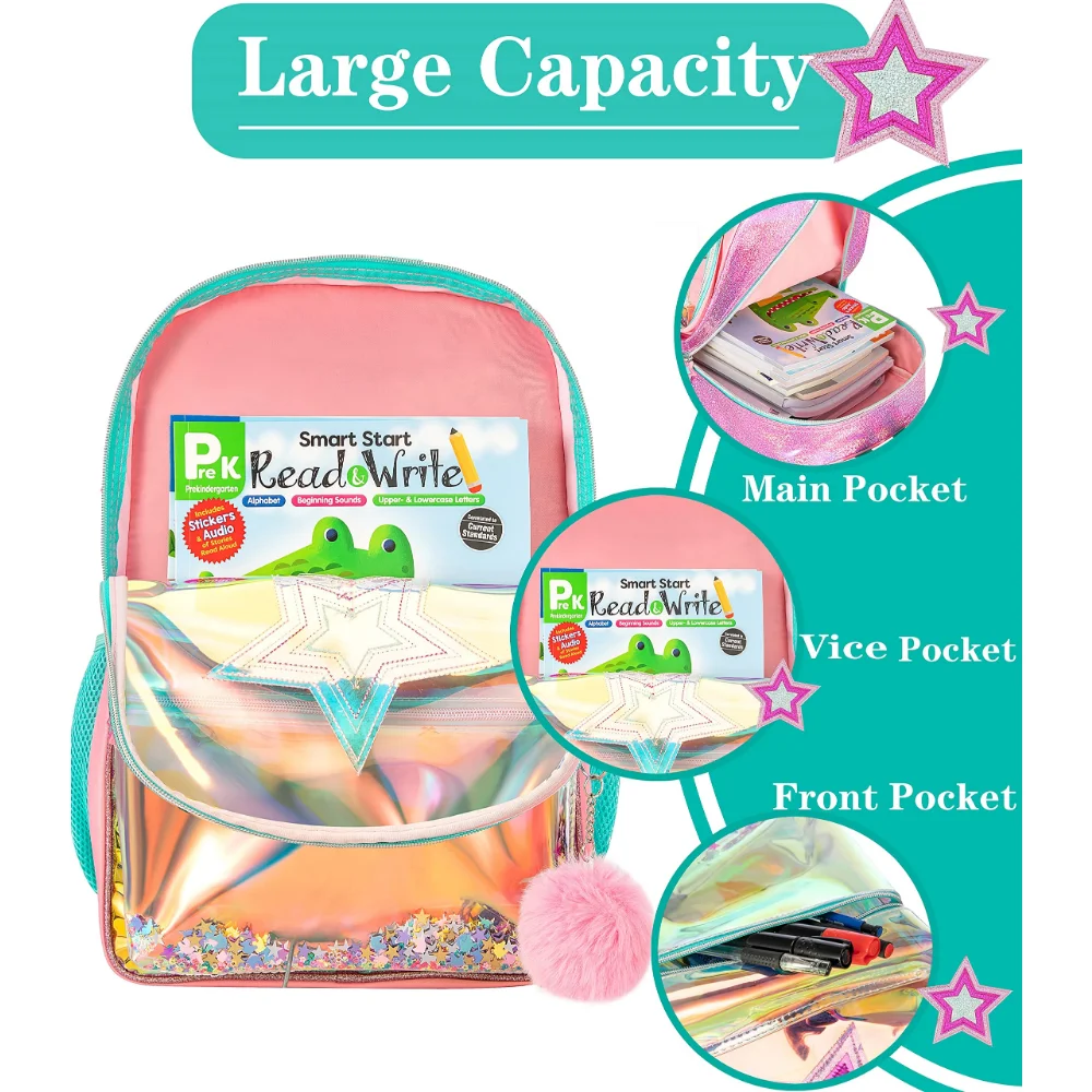 BIKAB School Backpack Girls 16 Inch Girls Backpack Sequin Backpack with Lunch Box Backpack Women Girls School Supplies Set Bags