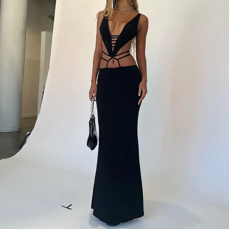 

Sexy Hollow Out Lace Up Maxi Dress Women Fashion V-neck Bare Midriff Backless Body-Shaping Solid Clothing Lady Streetwear