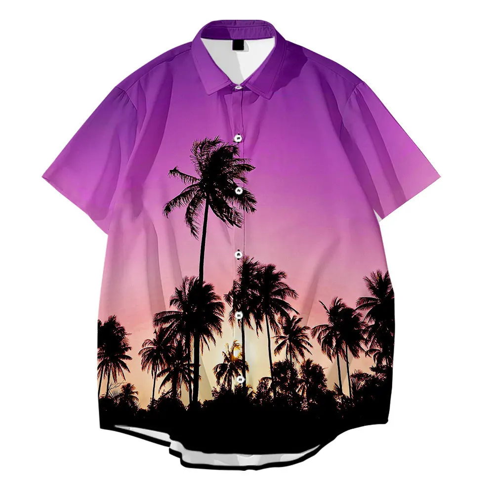2021 Summer Short-Sleeved Shirt Plus Size Hawaiian Coconut Sunset Print Shirt Men's Top Shirt Casual Beach Shirts Oversize Tops
