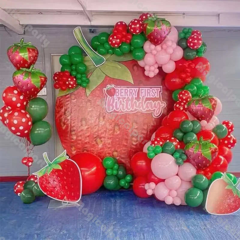 

145pcs Strawberry Balloon Garland Kit Red Pink Green Pastel Balloons 1st Birthday Baby Shower Wedding Boho Bridal Shower