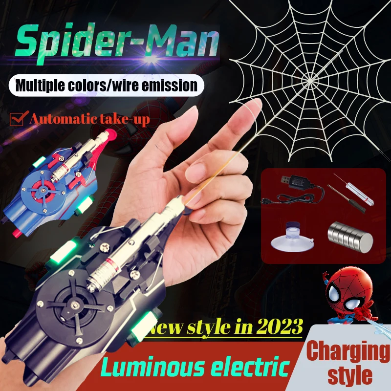 

2023 Fully Automatic Marvel Superhero Spider-man Spider Silk Spray Cosplay Props Led Laser Aiming At Children's Novelty Toy Gift