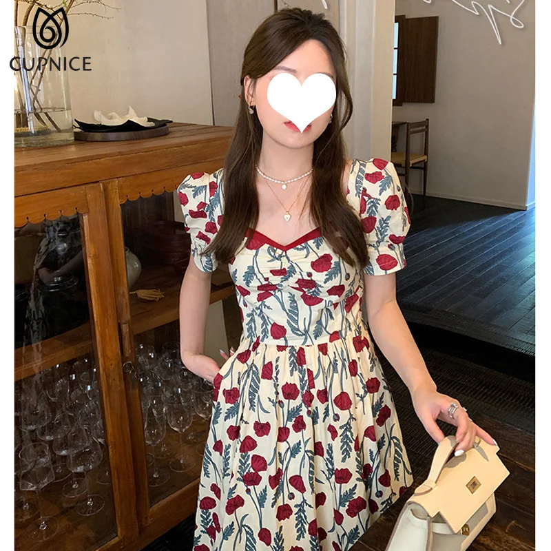 

CUPNICE Rose Print A-line Korean Style Midi Dress Elegant Square Collar Puff Sleeve Chic Dresses Summer Vestidos for Women 2022