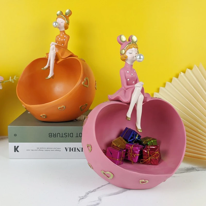 

NEW Key Storage Bowl Bubble Blowing Girl Resin Statues for Home Office Desktop Accessories Home Storage Organization