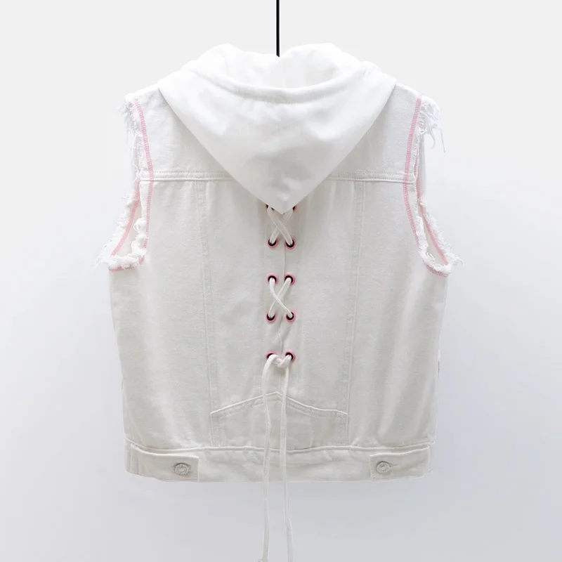 

Fashion Korean Hooded White Short Denim Women Loose Big Pocket Sleeveless Jacket Back Cord Jeans Vest Coat Waistcoat Female