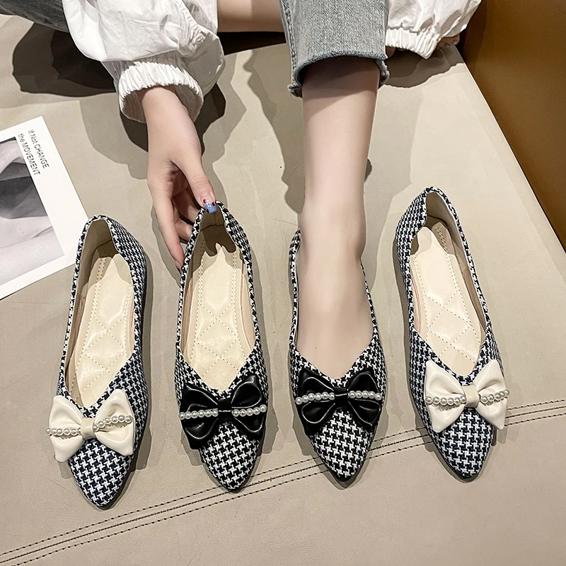 

Houndstooth Shoes for Women 2022 Luxury Designer Ladies Pearl Bow Pointed Toe Flats Pumps Shoes Plus Size 43 Zapatos De Mujer