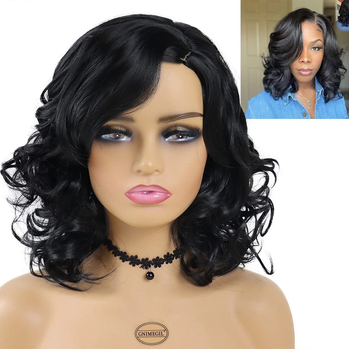 

GNIMEGIL Synthetic Hair Curly Wigs for Women Black Short Wig with Side Bangs Natural Hairstyles Mommy Wigs Elderly Wave Wig