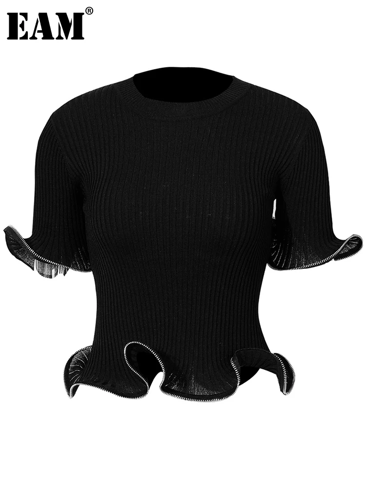 

[EAM] Women Black Zipper Knitting High Elastic T-shirt New Round Neck Short Sleeve Fashion Tide Spring Autumn 2022 1DE5982